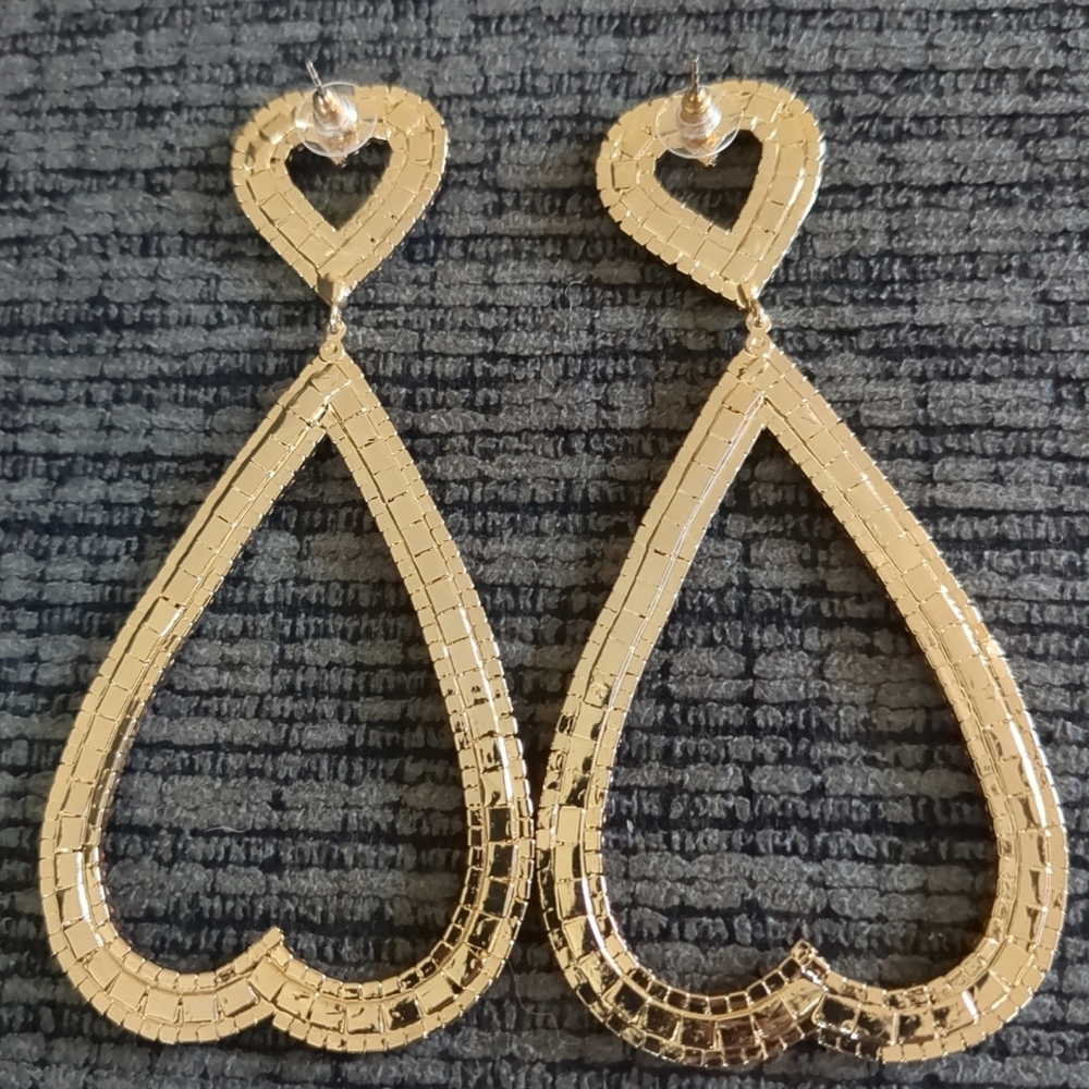 Red Rhinestone Studded Open Heart Drop Dangle Statement Earrings - Picture 3 of 6